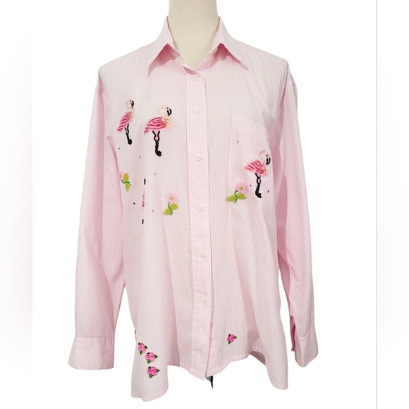 Mili Designs Tops - Mili Designs Pink Gingham Flamingo Beaded Button Down Shirt Women’s Size  Medium